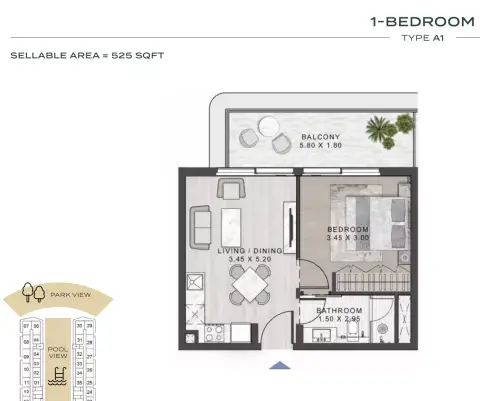Plattegrond van 1 slaapkamer in ELO 3