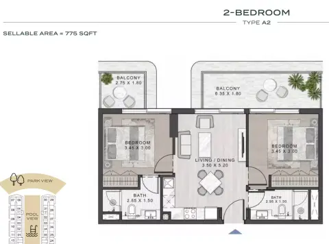 Plattegrond van 2 slaapkamers in ELO 3