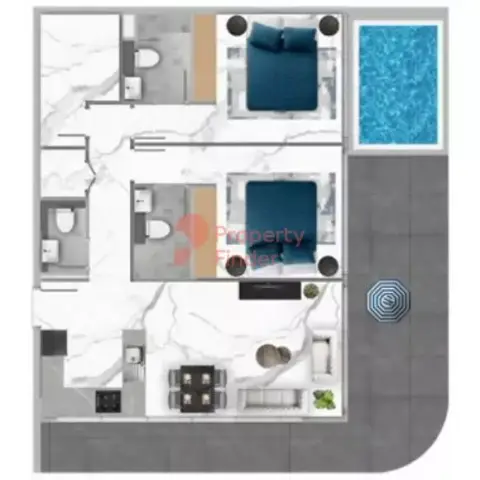 Plattegrond van 2 slaapkamers in Samana Mykonos