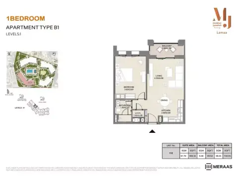 Plattegrond van 1 slaapkamer in Lamaa Mjl