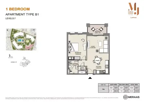 Plattegrond van 1 slaapkamer in Lamaa Mjl