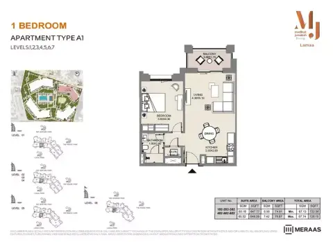 Plattegrond van 1 slaapkamer in Lamaa Mjl