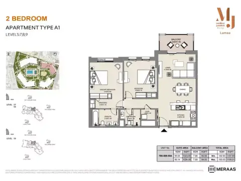 Plattegrond van 2 slaapkamers in Lamaa Mjl