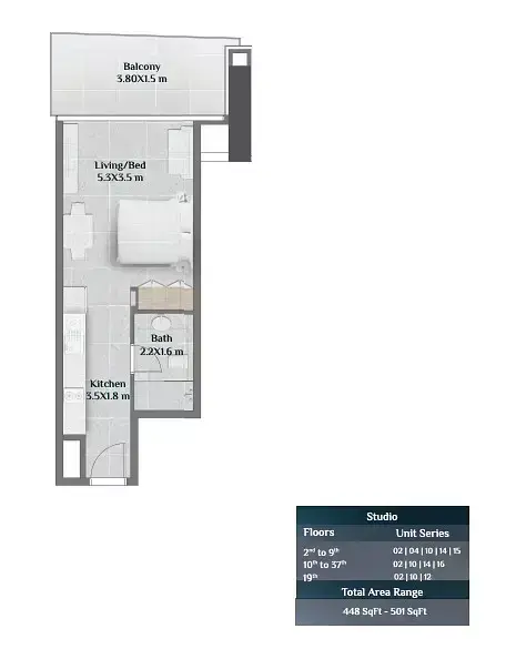 Plattegrond van Studio in Skyhills Residences By HRE Development