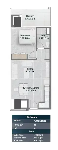Plattegrond van 1 slaapkamer in Skyhills Residences By HRE Development