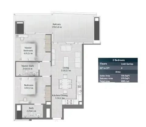 Plattegrond van 2 slaapkamers in Skyhills Residences By HRE Development