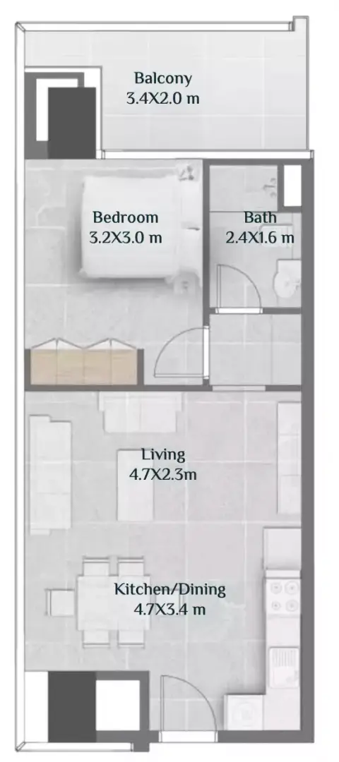 Plattegrond van 1 slaapkamer in Skyhills Residences By HRE Development