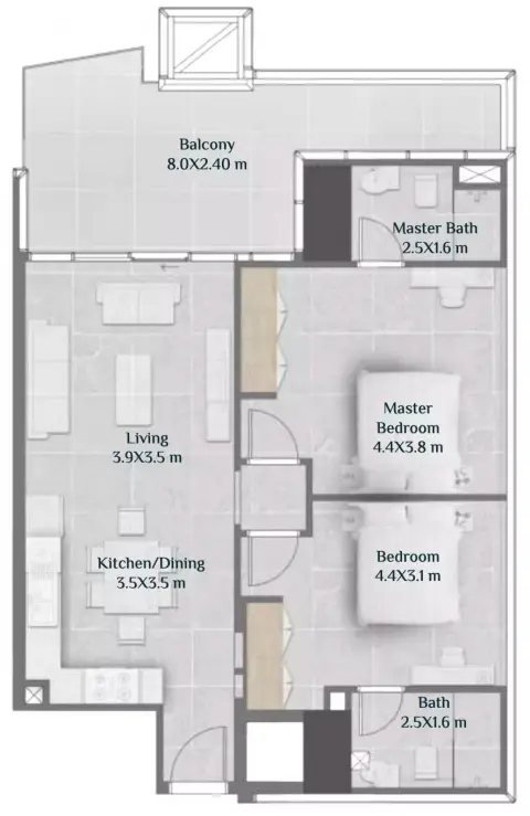 Plattegrond van 2 slaapkamers in Skyhills Residences By HRE Development