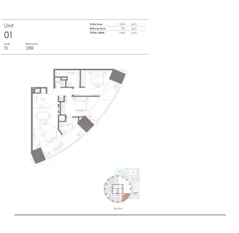 Plattegrond van 2 slaapkamers in Palm Beach Towers 3