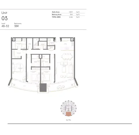Plattegrond van 3 slaapkamers in Palm Beach Towers 3