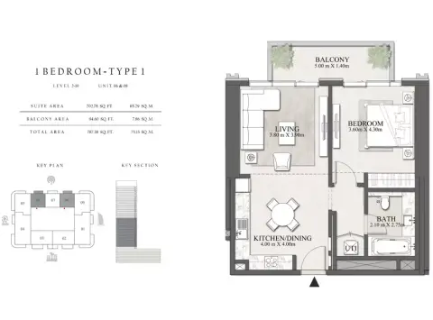 Plattegrond van 1 slaapkamer in Emaar Beachgate