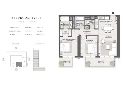 Plattegrond van 2 slaapkamers in Emaar Beachgate