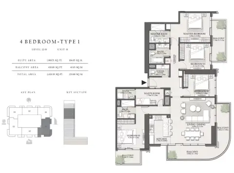 Plattegrond van 4 slaapkamers in Emaar Beachgate