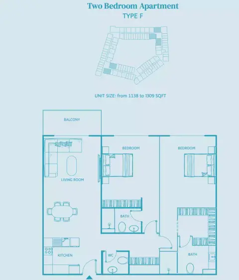 Plattegrond van 2 slaapkamers in Luma 22