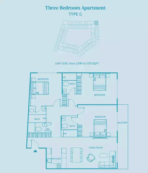 Plattegrond van 3 slaapkamers in Luma 22
