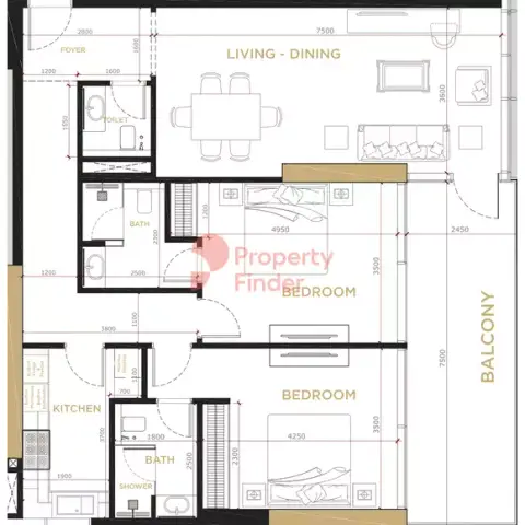 Plattegrond van 2 slaapkamers in Royal Regency