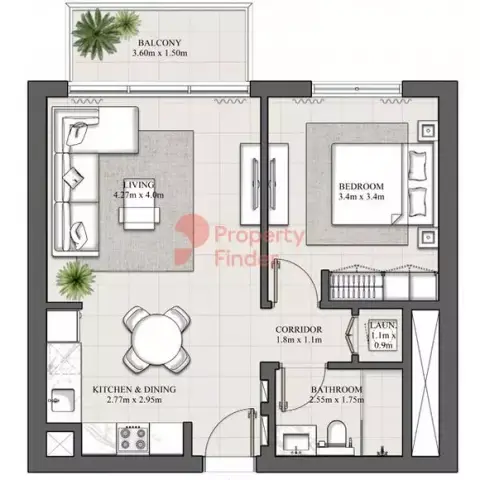 Plattegrond van 1 slaapkamer in Hills Park