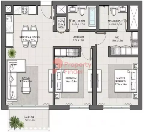 Plattegrond van 2 slaapkamers in Hills Park