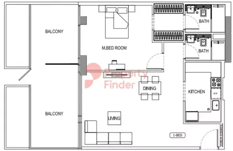 Plattegrond van 1 slaapkamer in Binghatti Crescent