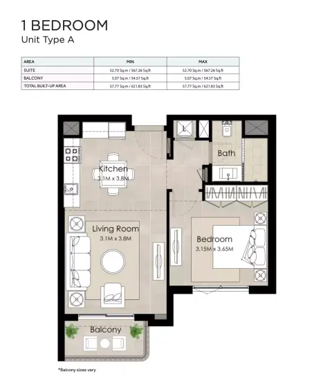Plattegrond van 1 slaapkamer in The Diplomat Residences