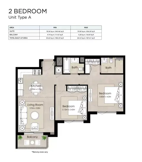 Plattegrond van 2 slaapkamers in The Diplomat Residences