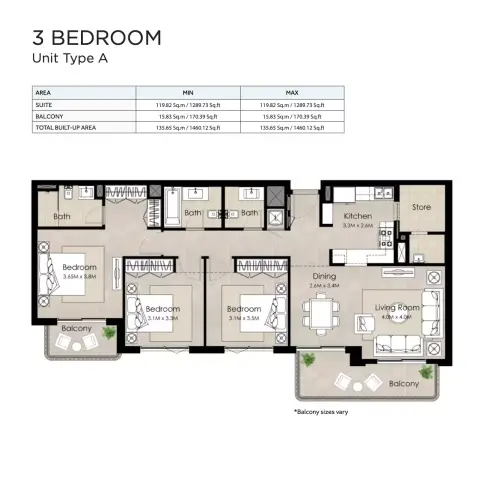Plattegrond van 3 slaapkamers in The Diplomat Residences
