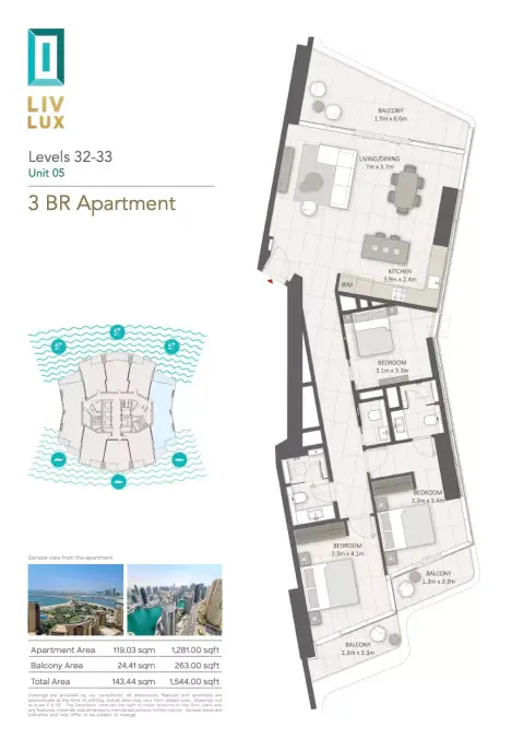 Plattegrond van 3 slaapkamers in Liv Lux