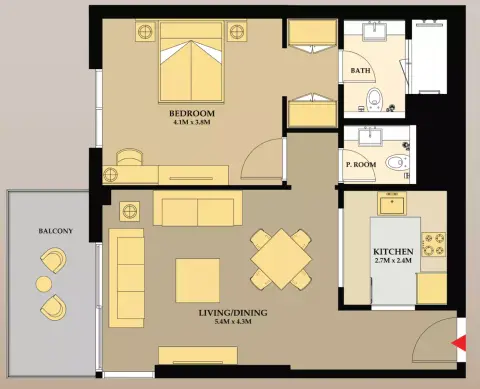 Plattegrond van 1 slaapkamer in Riva Residence