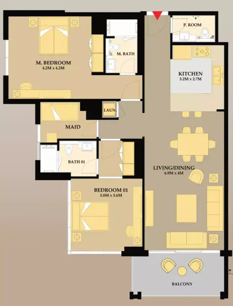 Plattegrond van 2 slaapkamers in Riva Residence