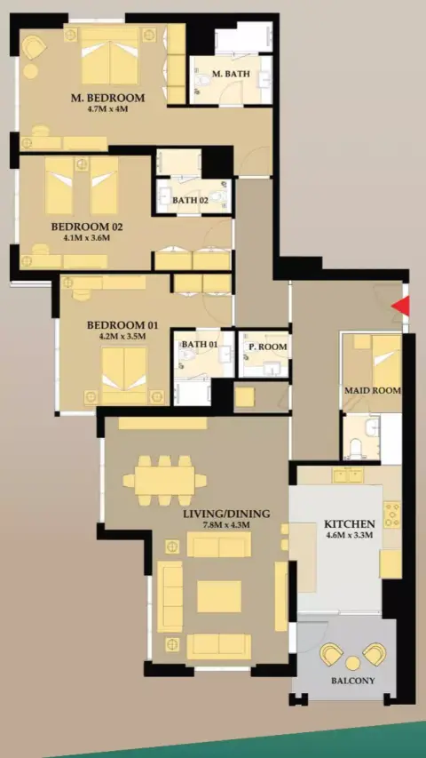 Plattegrond van 3 slaapkamers in Riva Residence