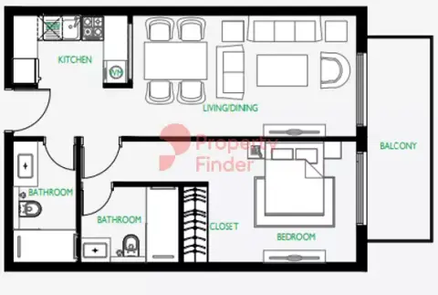 Plattegrond van 1 slaapkamer in The Community Motor City