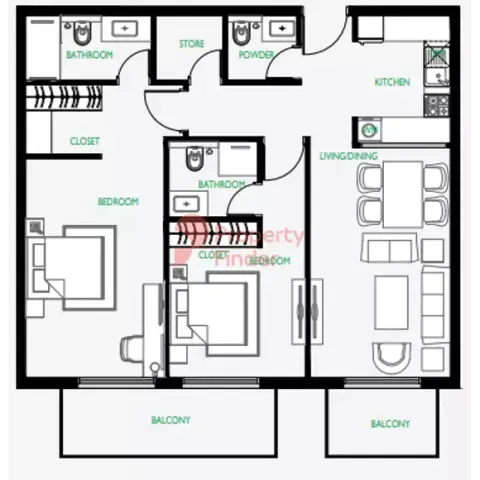 Plattegrond van 2 slaapkamers in The Community Motor City