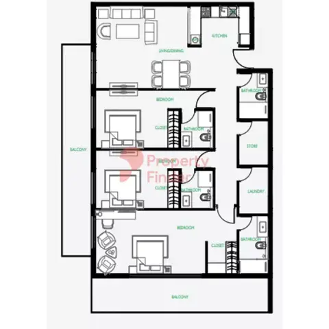 Plattegrond van 3 slaapkamers in The Community Motor City