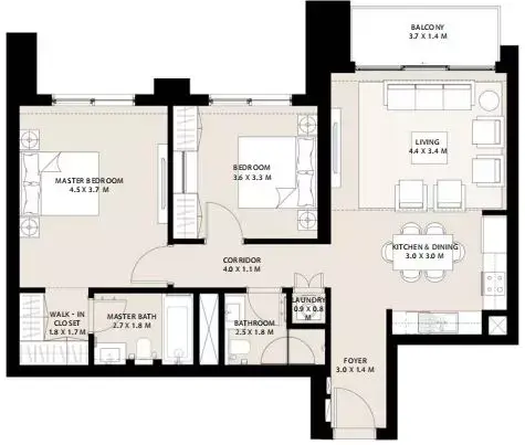 Plattegrond van 2 slaapkamers in Park Field