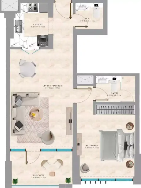 Plattegrond van 1 slaapkamer in Maya 5