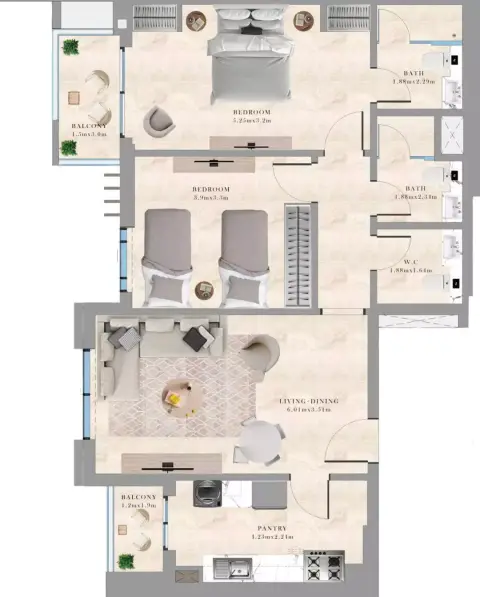 Plattegrond van 2 slaapkamers in Maya 5