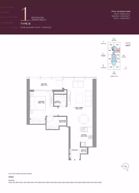 Plattegrond van 1 slaapkamer in Sobha One