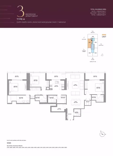 Plattegrond van 3 slaapkamers in Sobha One