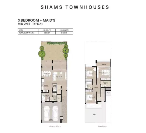 Plattegrond van 3 slaapkamers in Shams Townhouses