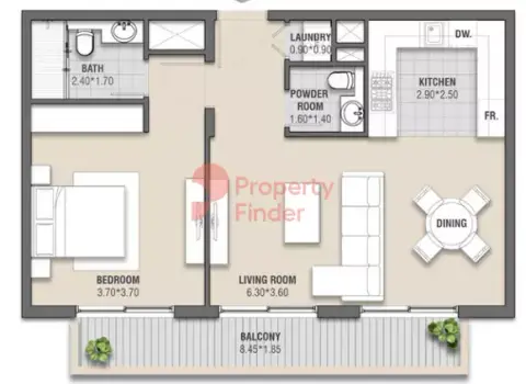 Plattegrond van 1 slaapkamer in Zazen Gardens
