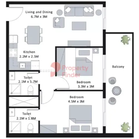 Plattegrond van 2 slaapkamers in Equiti Arcade