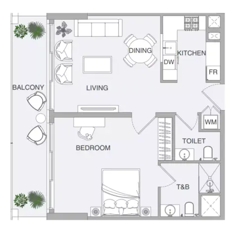 Plattegrond van 1 slaapkamer in VERDAN1A Phase 4