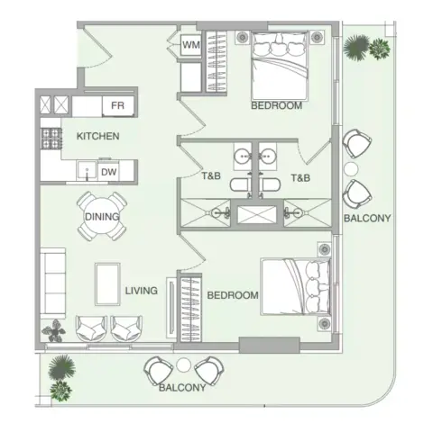 Plattegrond van 2 slaapkamers in VERDAN1A Phase 4