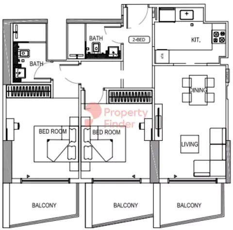 Plattegrond van 2 slaapkamers in Binghatti Crest