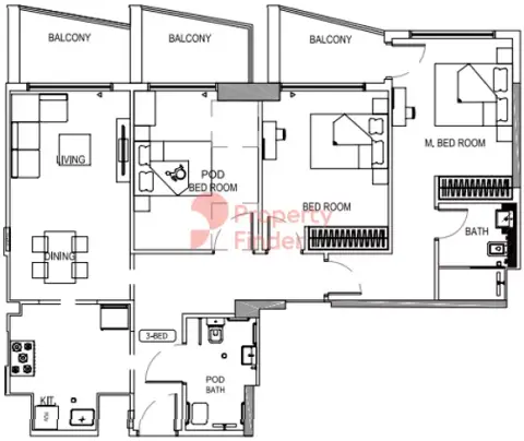 Plattegrond van 3 slaapkamers in Binghatti Crest
