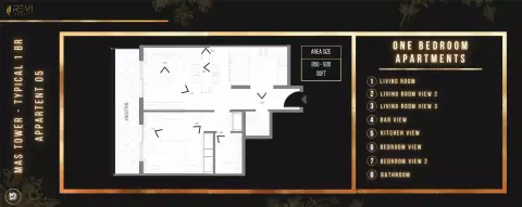 Plattegrond van 1 slaapkamer in Mas Tower