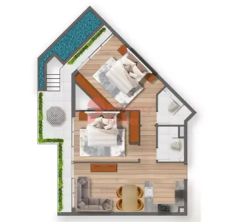Plattegrond van 2 slaapkamers in Samana Santorini