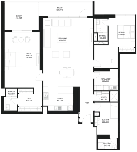 Plattegrond van 2 slaapkamers in Crest Grande