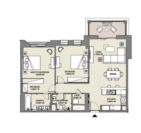 Plattegrond van 2 slaapkamers in Al Jazi