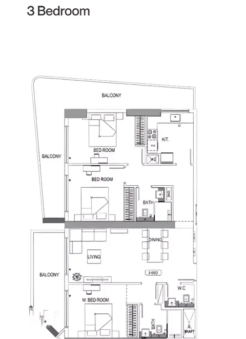 Plattegrond van 3 slaapkamers in Binghatti Luna